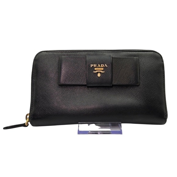 Prada Black Saffiano Leather Zip Around Continental Bow Wallet